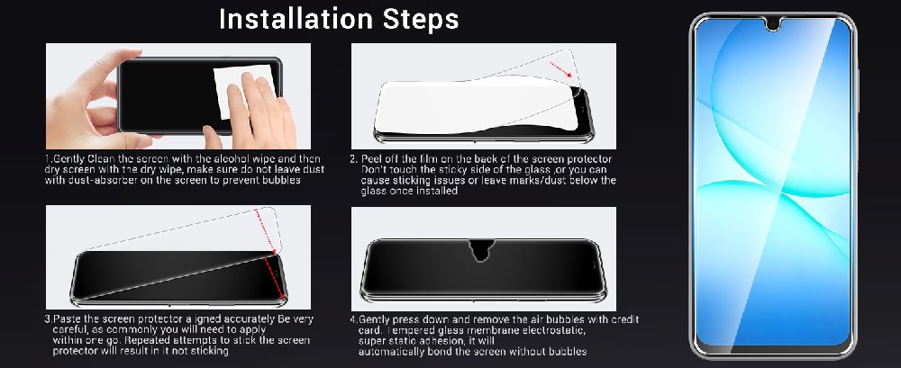 Text reads 'Installation Steps'. Four-panel instruction guide showing screen protector installation process with smartphone display. Final panel shows completed blue-lit display.